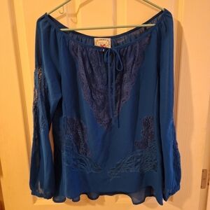 Baraschi Blue Lace Long Sleeve Blouse Small